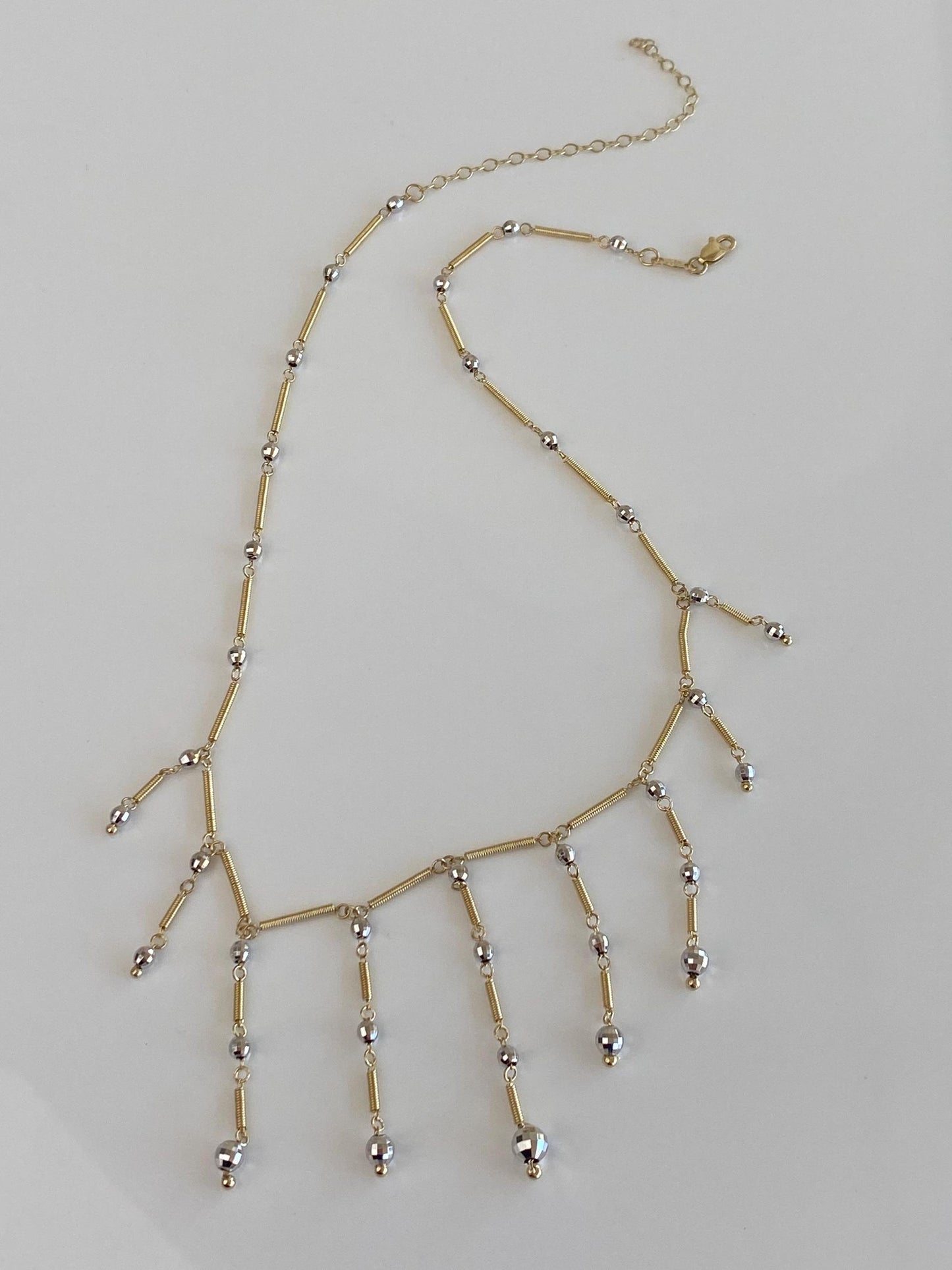 Vintage Solid 14k White & Yellow Gold Faceted Ball Coiled Link Fringe Necklace - 18.25 inches
