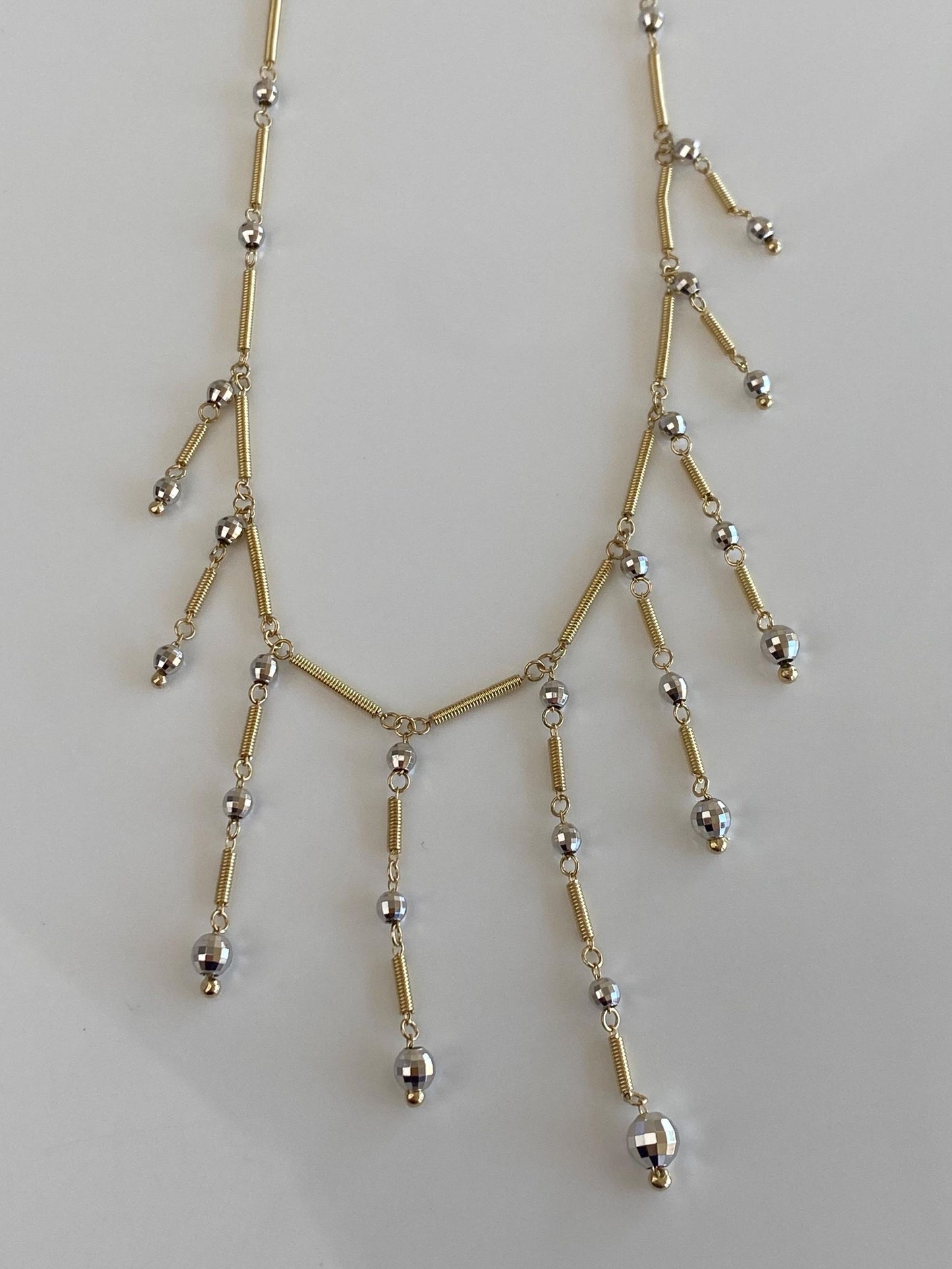 Vintage Solid 14k White & Yellow Gold Faceted Ball Coiled Link Fringe Necklace - 18.25 inches