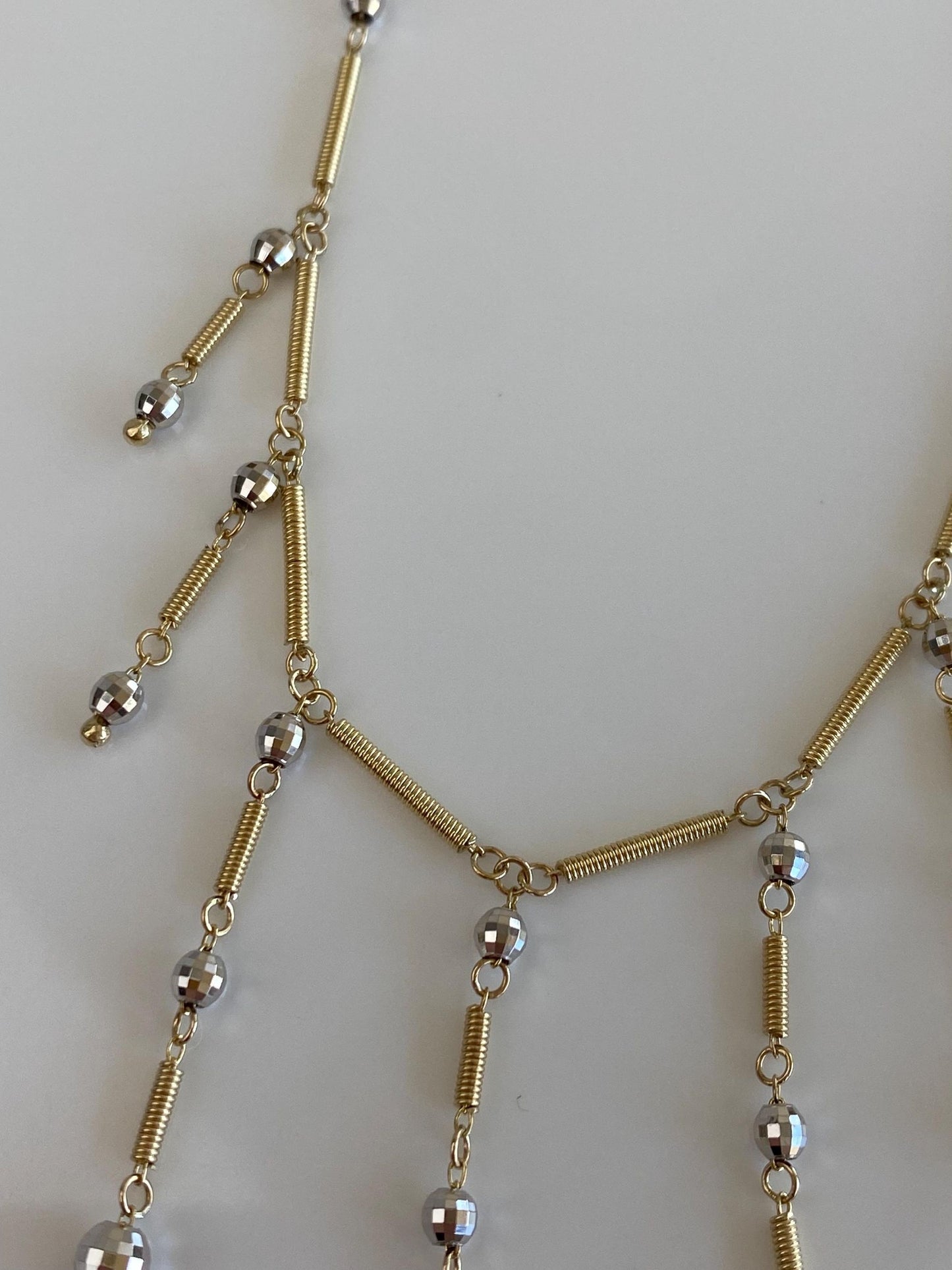Vintage Solid 14k White & Yellow Gold Faceted Ball Coiled Link Fringe Necklace - 18.25 inches