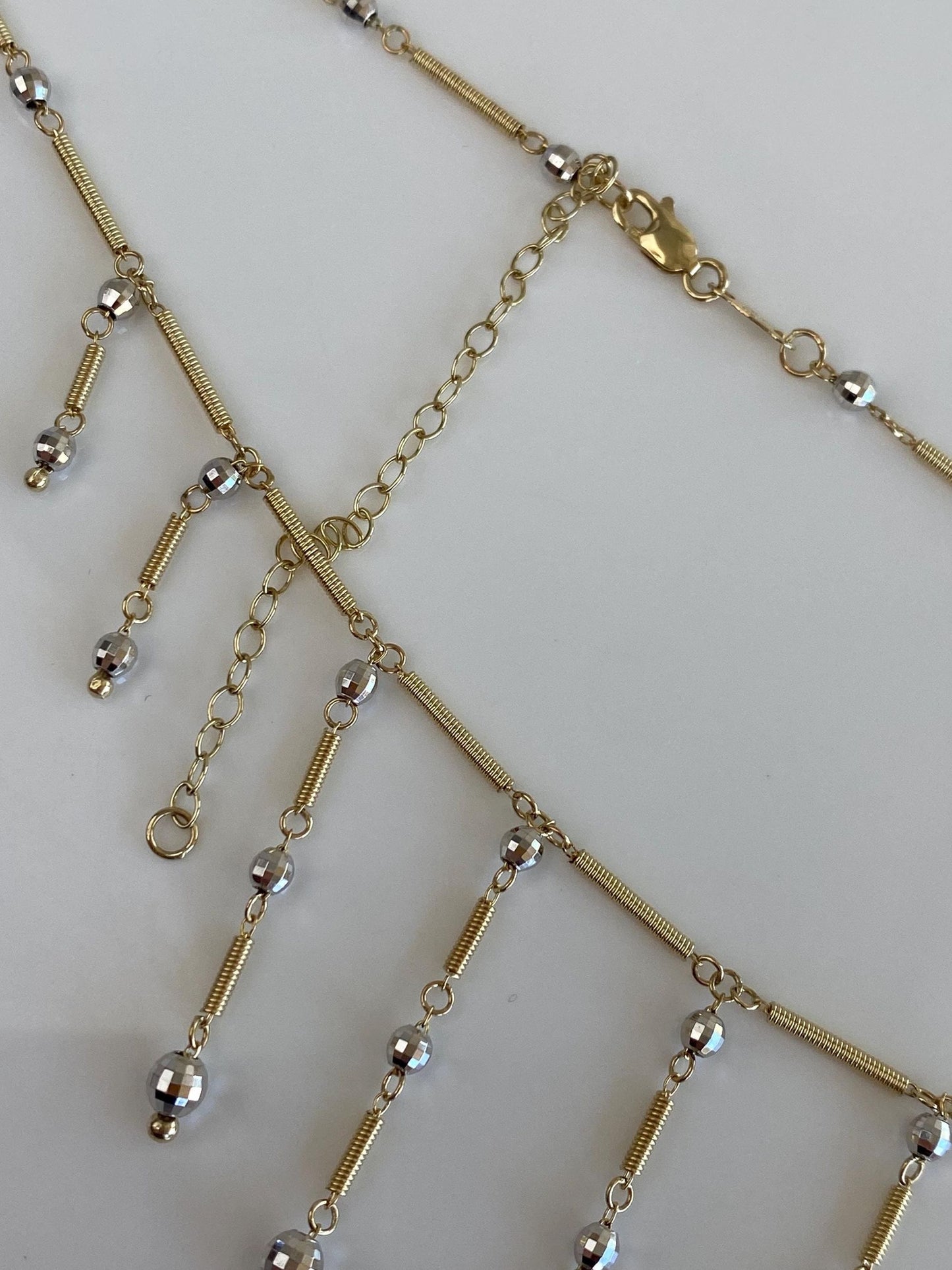 Vintage Solid 14k White & Yellow Gold Faceted Ball Coiled Link Fringe Necklace - 18.25 inches