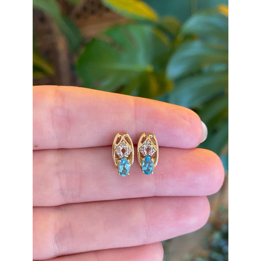Solid 14k Yellow Gold Blue Cubic Zirconia Stud Earrings