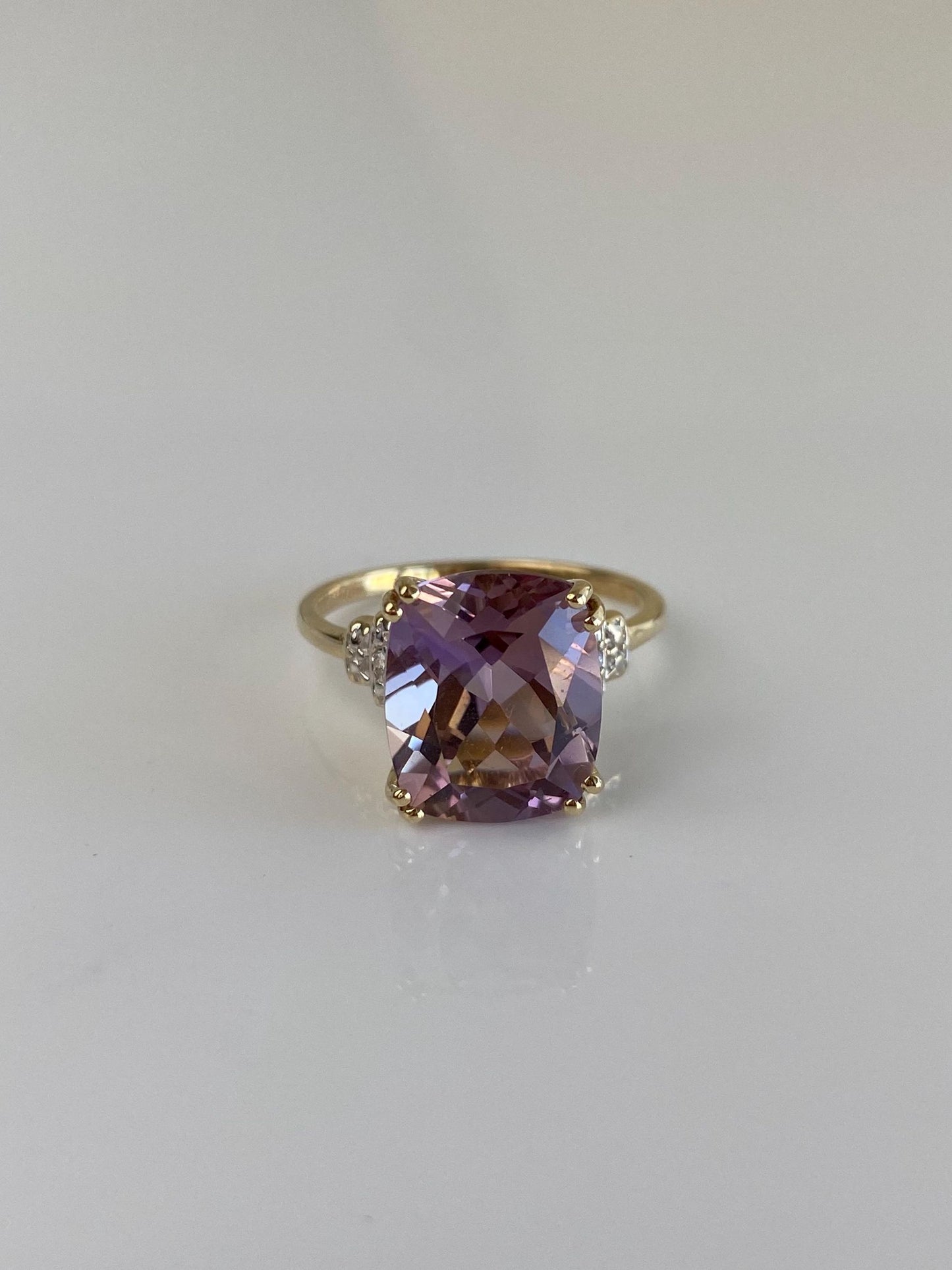 Vintage Solid 10k White & Yellow Gold Diamond Faceted Amethyst Ring - Size 7