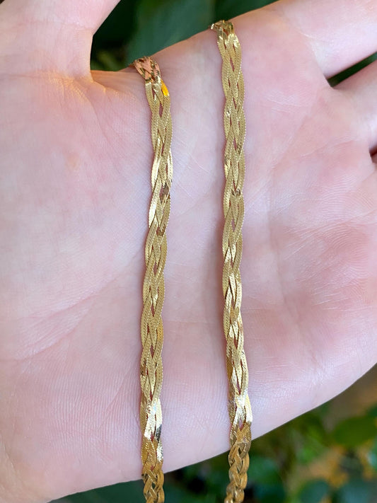 Vintage Solid 14k Yellow Gold Braided Flat Chain Necklace - 18 inches