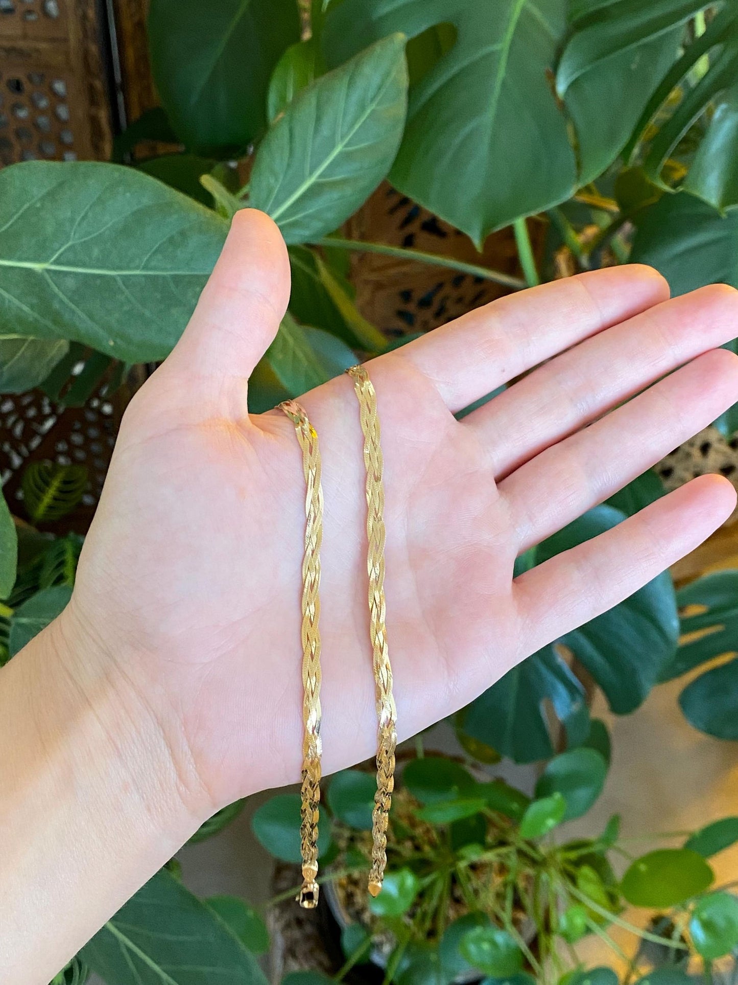 Vintage Solid 14k Yellow Gold Braided Flat Chain Necklace - 18 inches