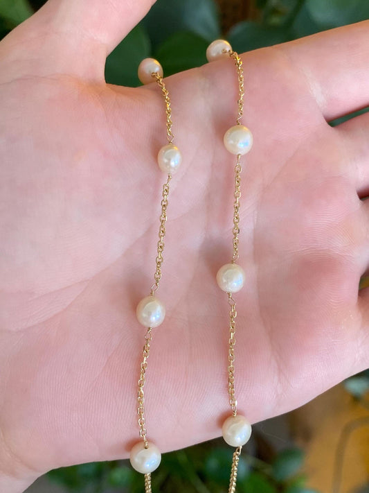 Vintage Solid 14k Yellow Gold Pearls Cable Link Chain Necklace - 18.5 inches