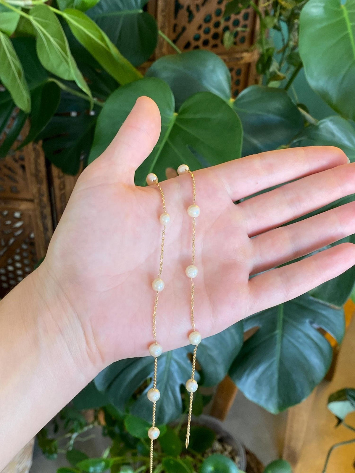 Vintage Solid 14k Yellow Gold Pearls Cable Link Chain Necklace - 18.5 inches