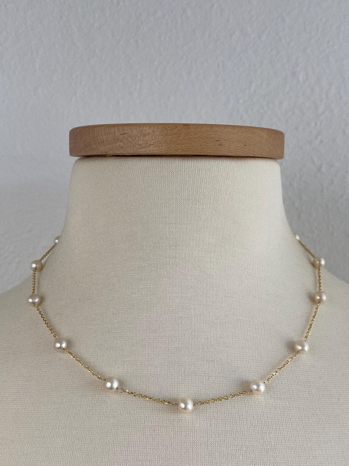 Vintage Solid 14k Yellow Gold Pearls Cable Link Chain Necklace - 18.5 inches