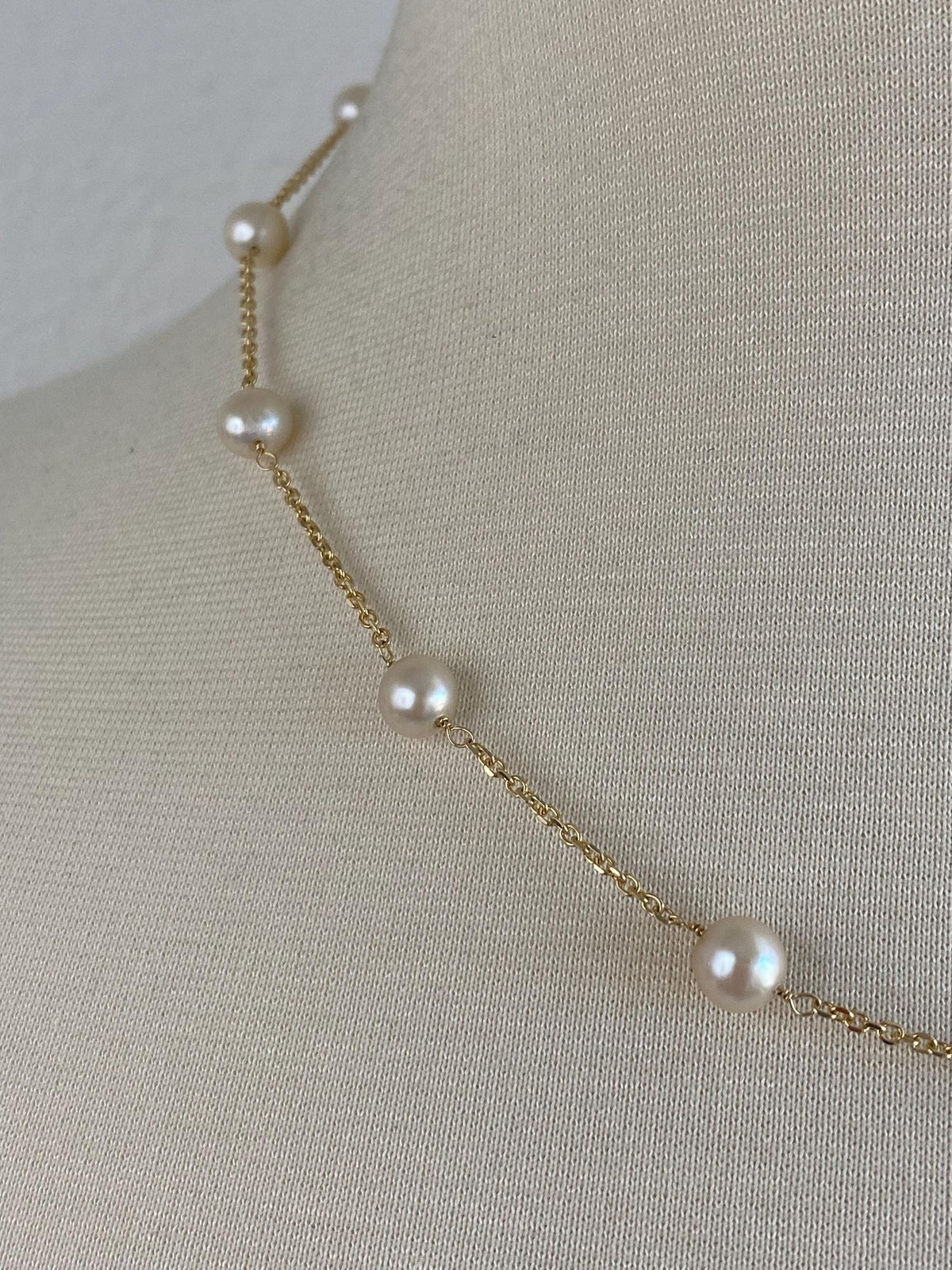 Vintage Solid 14k Yellow Gold Pearls Cable Link Chain Necklace - 18.5 inches
