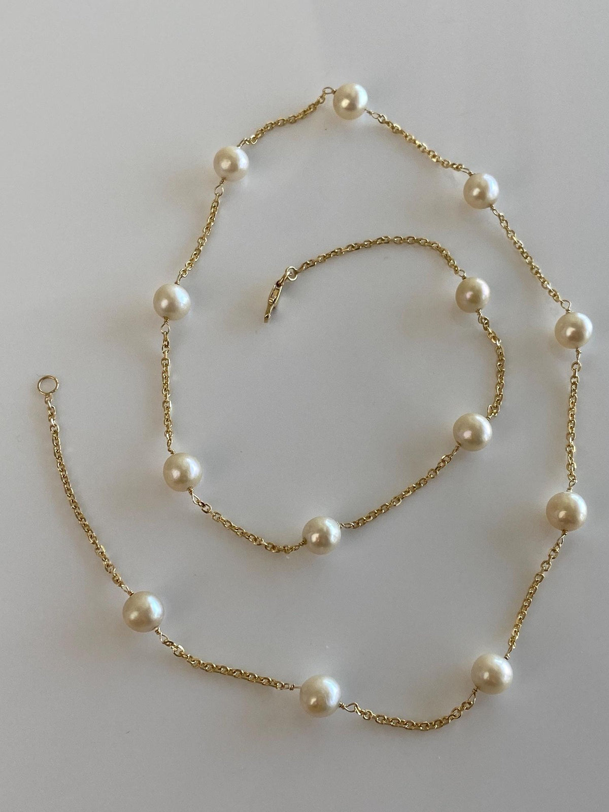 Vintage Solid 14k Yellow Gold Pearls Cable Link Chain Necklace - 18.5 inches