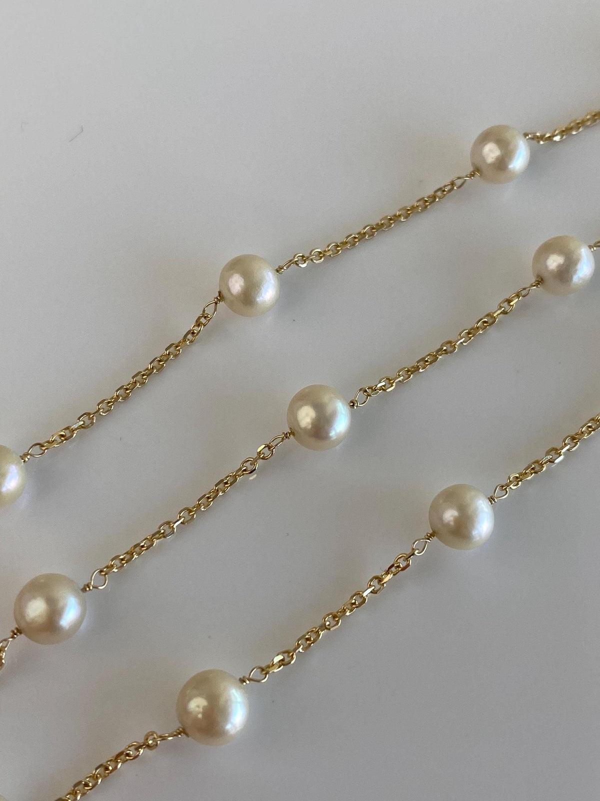 Vintage Solid 14k Yellow Gold Pearls Cable Link Chain Necklace - 18.5 inches