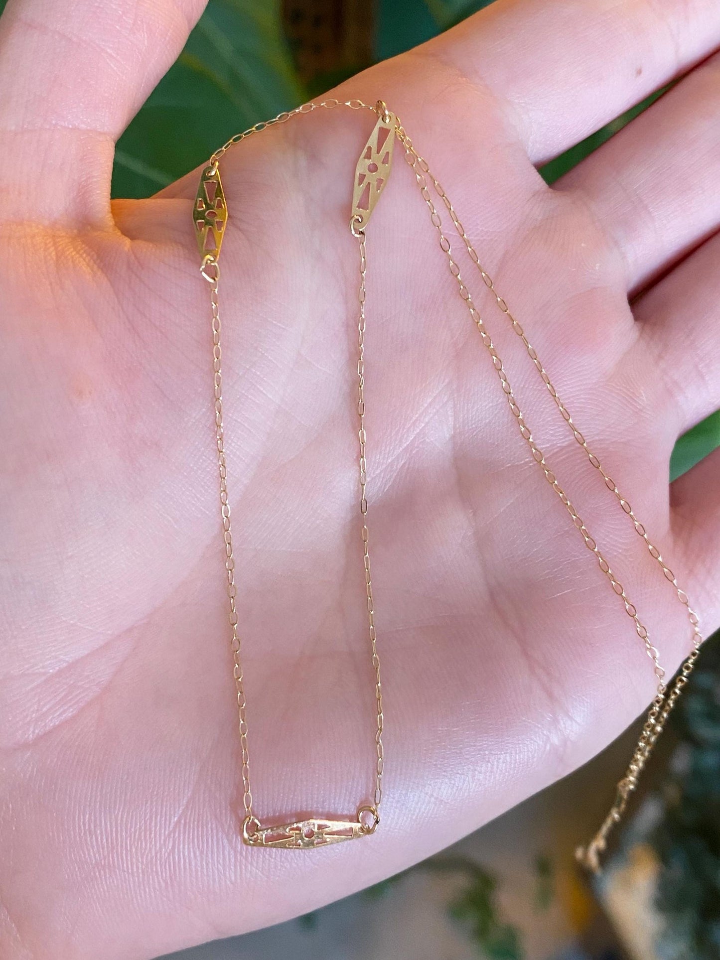 Vintage Solid 14k Yellow Gold Station Elongated Chain Necklace - 16.25 inches