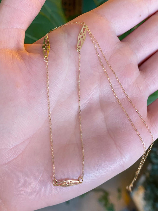 Vintage Solid 14k Yellow Gold Station Elongated Chain Necklace - 16.25 inches