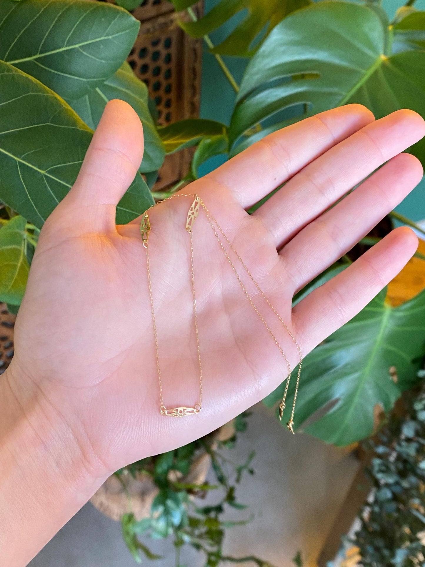 Vintage Solid 14k Yellow Gold Station Elongated Chain Necklace - 16.25 inches