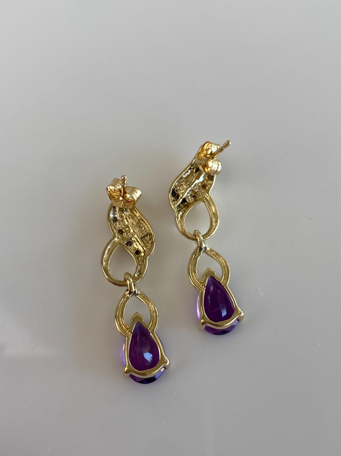 Vintage Solid 14k Yellow Gold Amethyst Diamond Dangle Stud Earrings