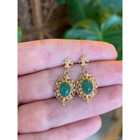 Vintage Solid 14k Yellow Gold Jade Dangle Stud Earrings