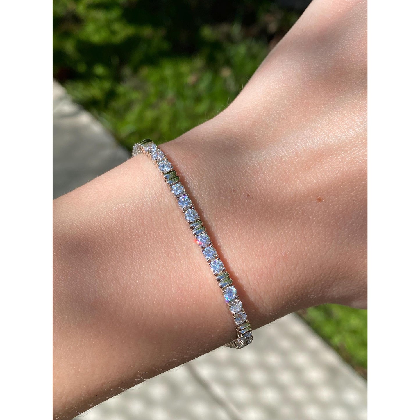 Solid 14k White & Yellow Gold Cubic Zirconia Line Bracelet - 7 inches