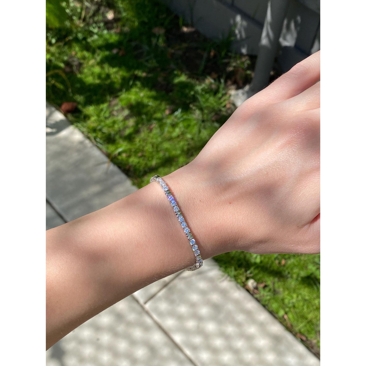 Solid 14k White & Yellow Gold Cubic Zirconia Line Bracelet - 7 inches