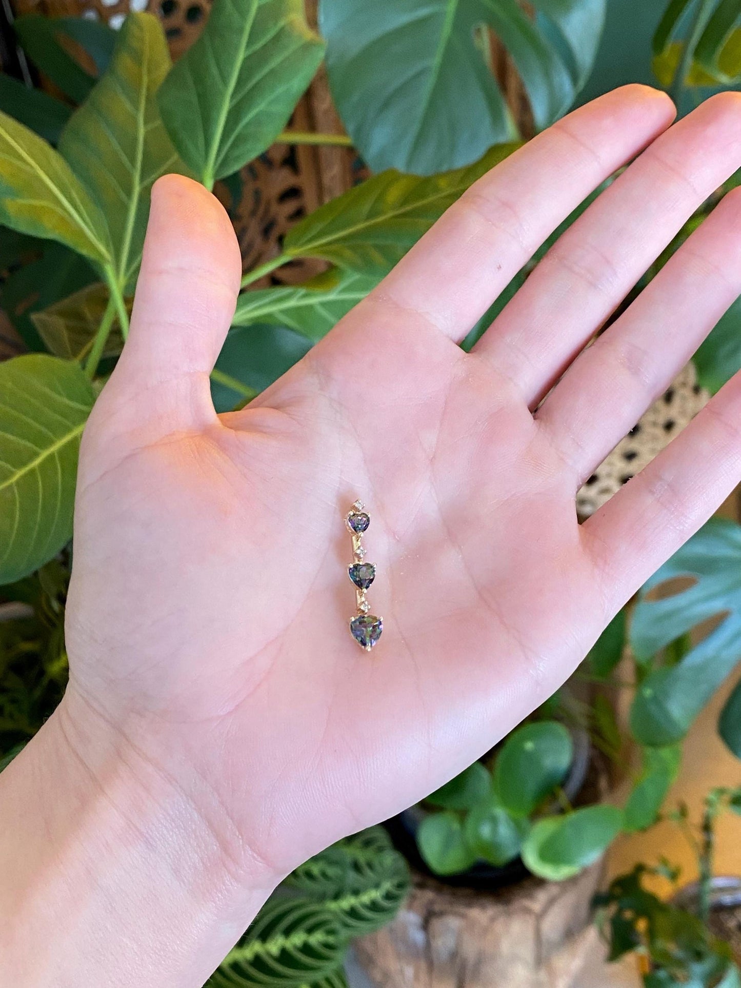 Vintage Solid 14k Yellow Gold Diamond Heart Mystic Topaz Charm