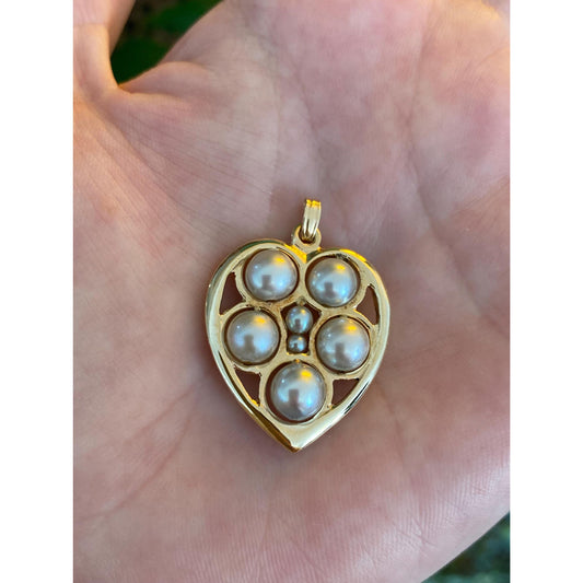 Vintage Solid 14k Yellow Gold Pearl Heart Fidget Charm