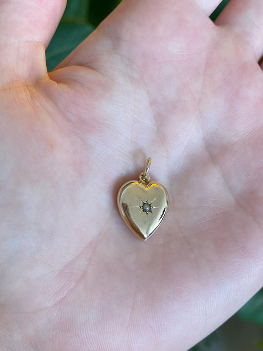 Vintage 10k Yellow Gold Star Set Seed Pearl Puffy Heart Charm