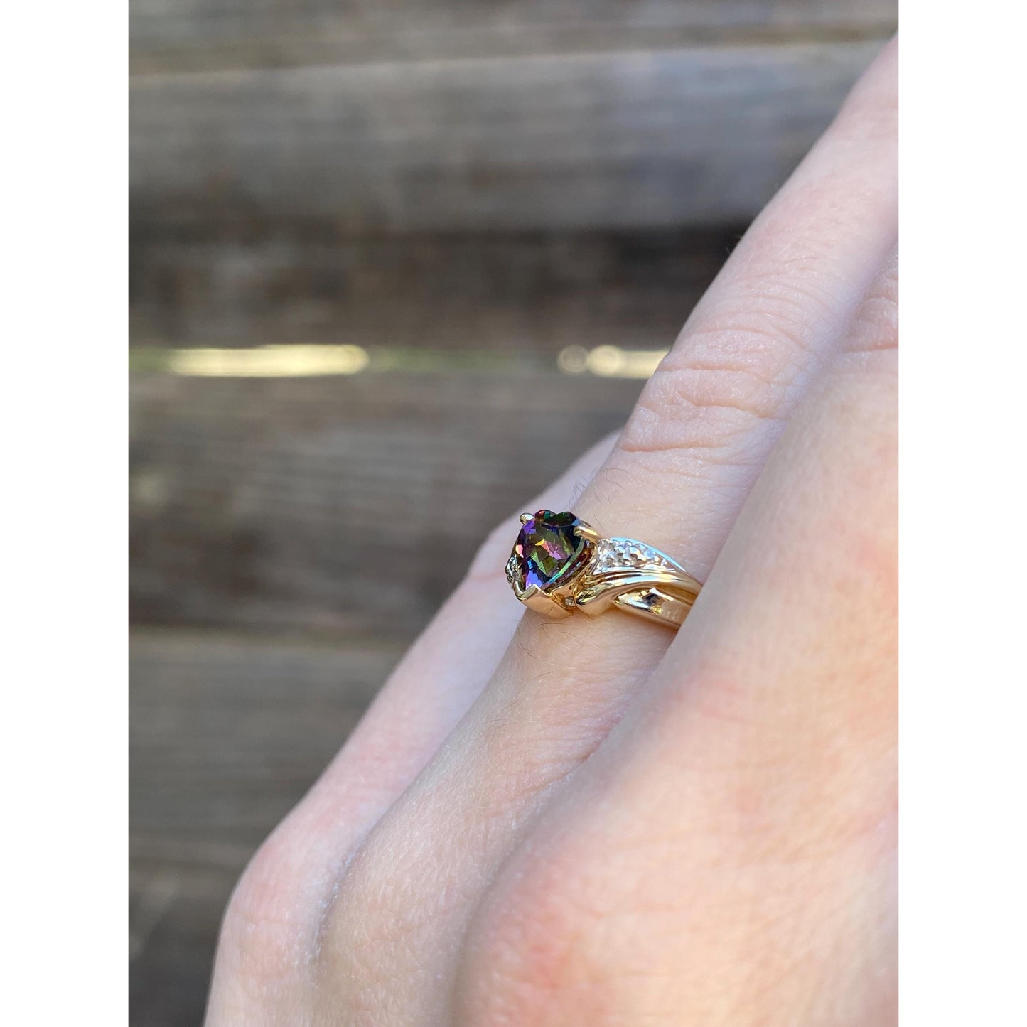 Solid 10k White & Yellow Gold Mystic Topaz Heart Diamond Ring - Size 4.75