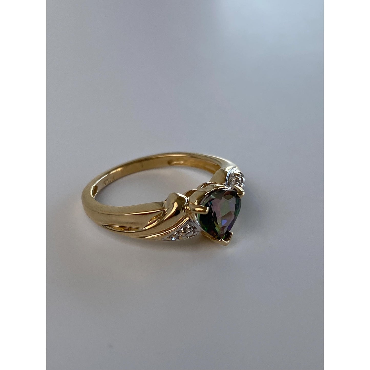 Solid 10k White & Yellow Gold Mystic Topaz Heart Diamond Ring - Size 4.75