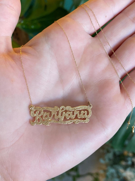 Vintage Solid 14k Yellow Gold 'Barbara' Nameplate Dainty Chain Necklace - 19.5 inches