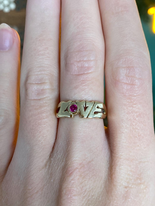 Vintage Solid 14k Yellow Gold Ruby Love Ring - Size 5.75