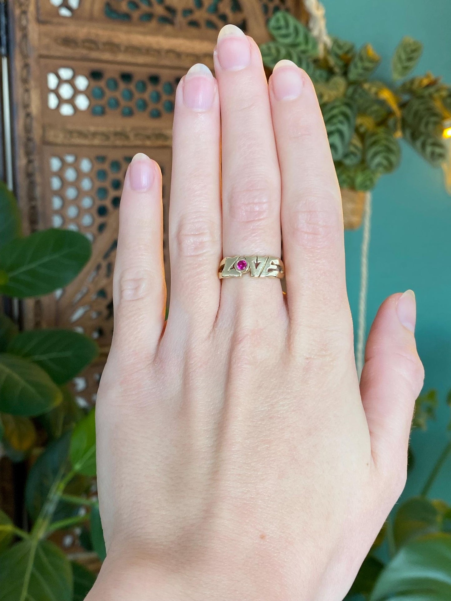 Vintage Solid 14k Yellow Gold Ruby Love Ring - Size 5.75