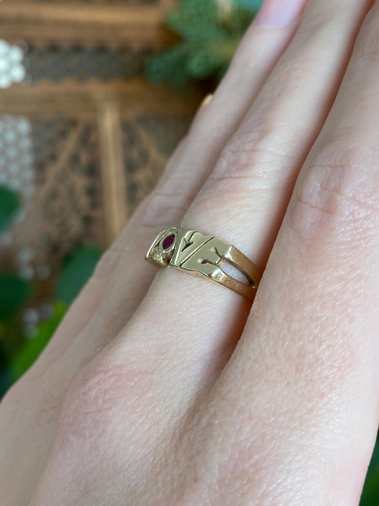 Vintage Solid 14k Yellow Gold Ruby Love Ring - Size 5.75
