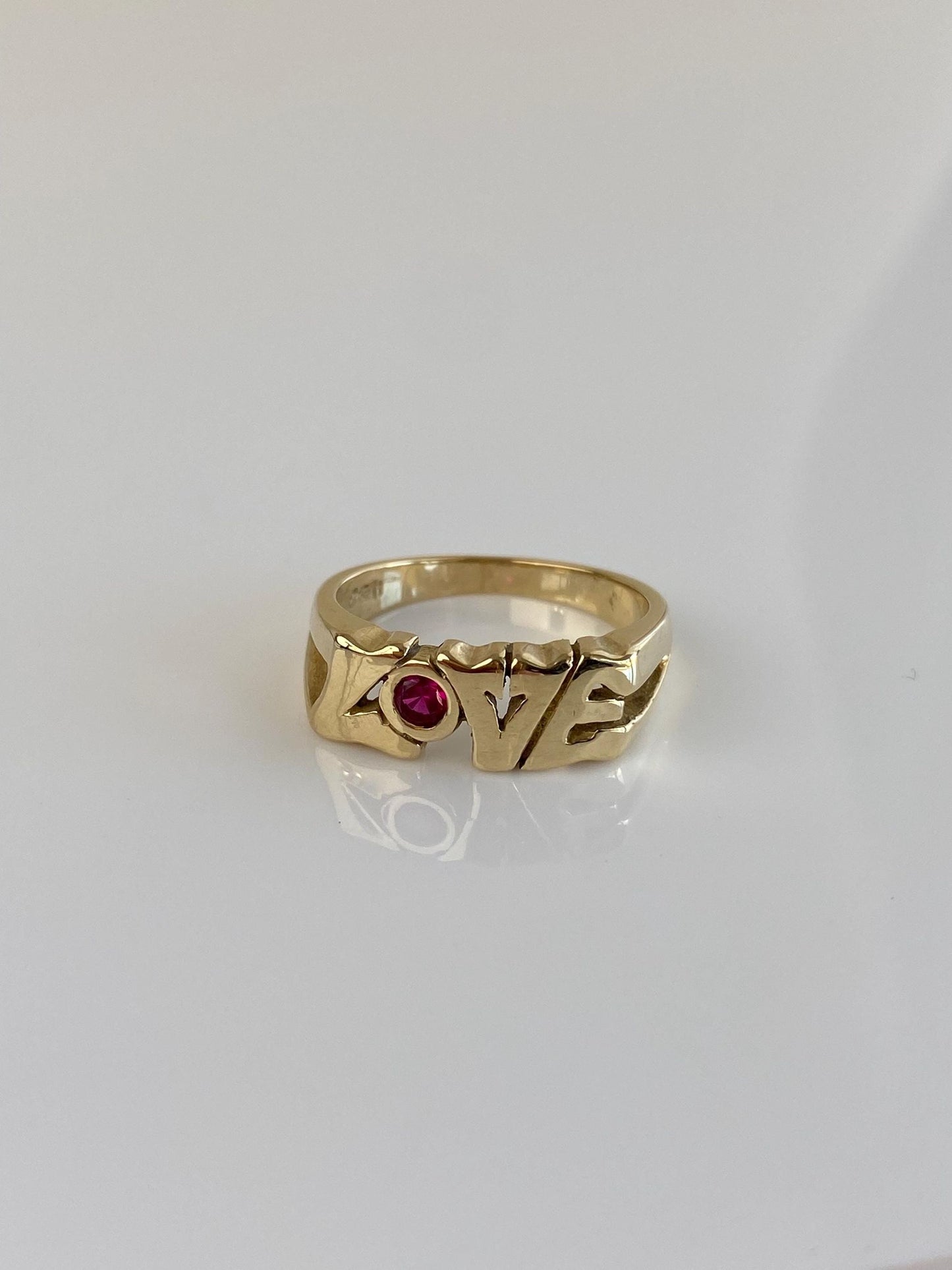 Vintage Solid 14k Yellow Gold Ruby Love Ring - Size 5.75