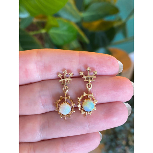 Vintage Solid 14k Yellow Gold Opal Dangle Stud Earrings