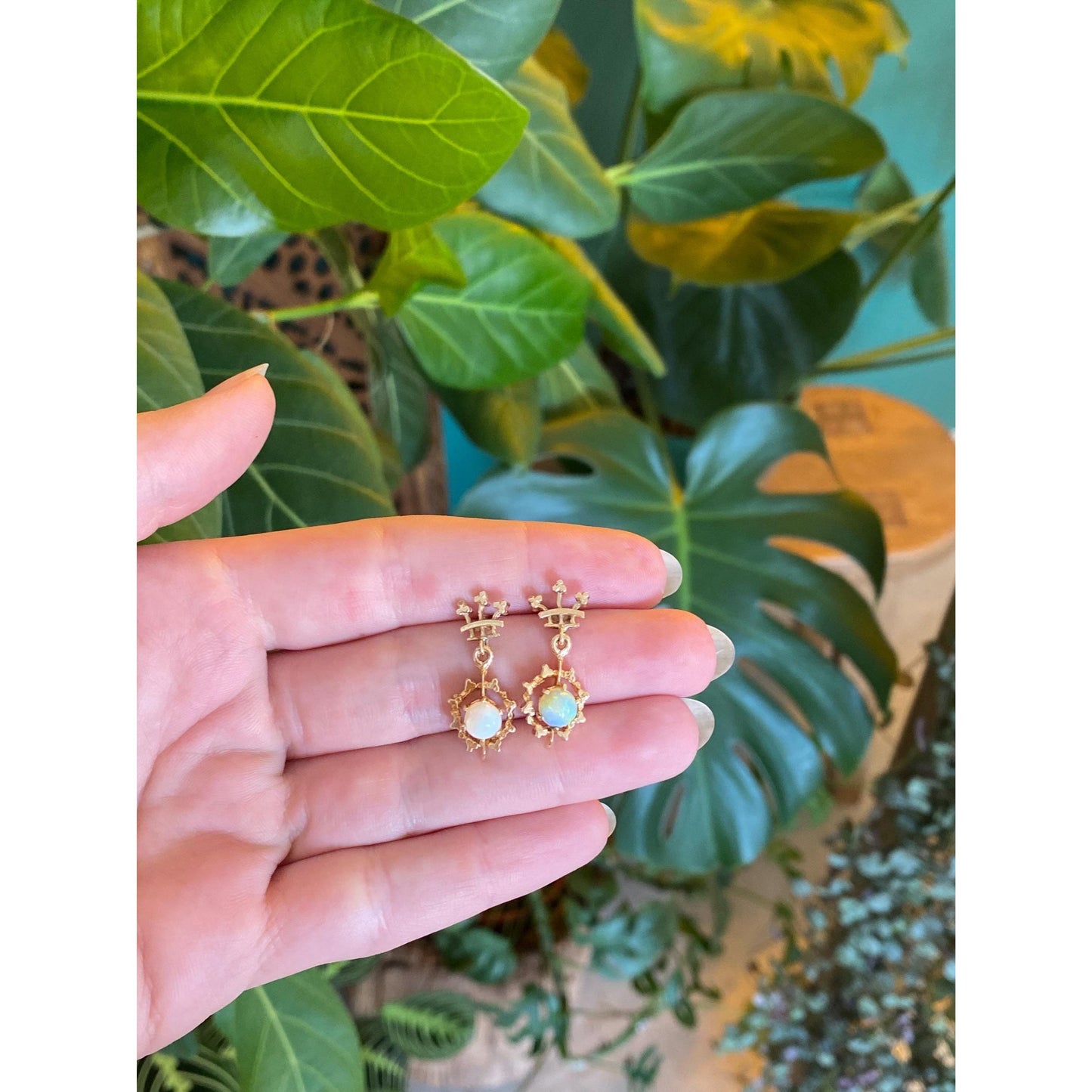 Vintage Solid 14k Yellow Gold Opal Dangle Stud Earrings