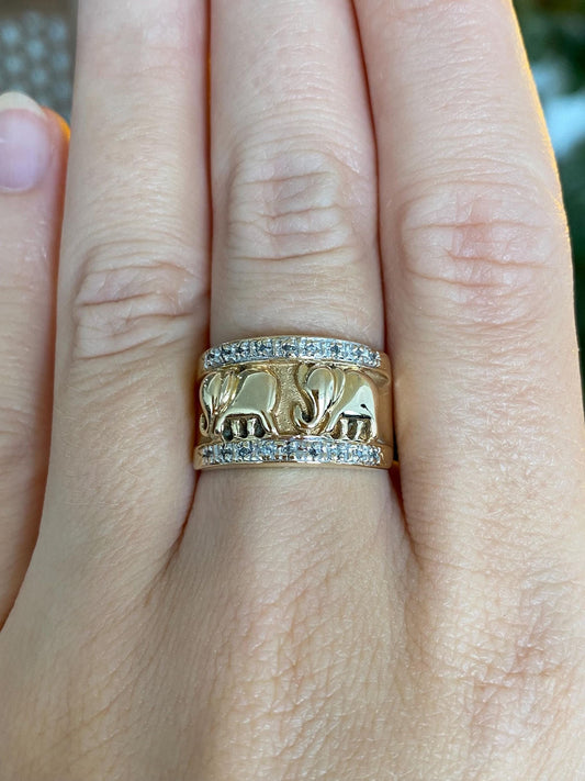 Vintage Solid 14k White & Yellow Gold Diamond Elephants Ring Band - Size 6.75