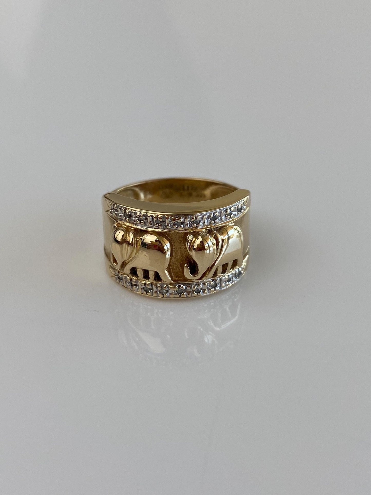 Vintage Solid 14k White & Yellow Gold Diamond Elephants Ring Band - Size 6.75