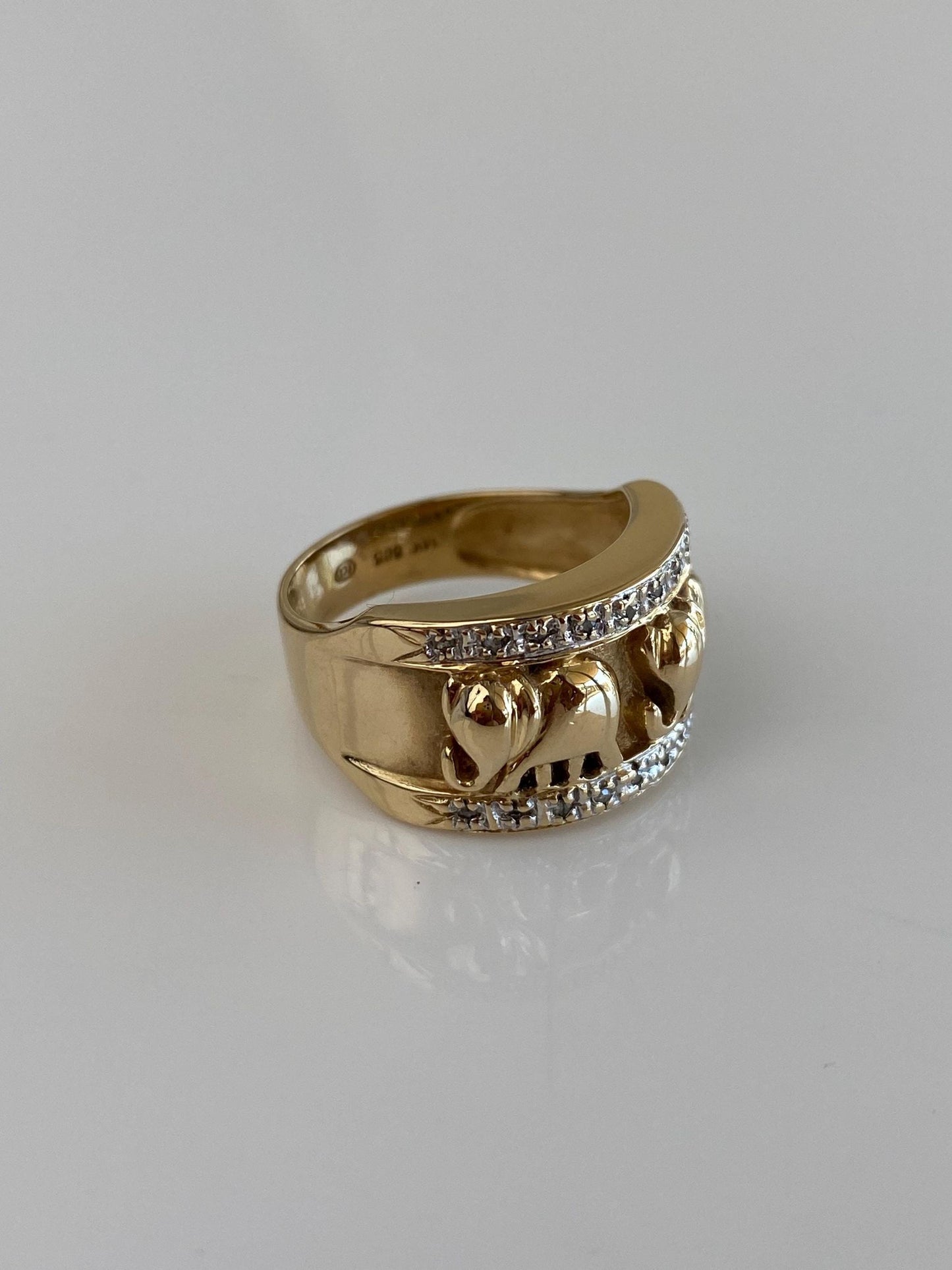 Vintage Solid 14k White & Yellow Gold Diamond Elephants Ring Band - Size 6.75