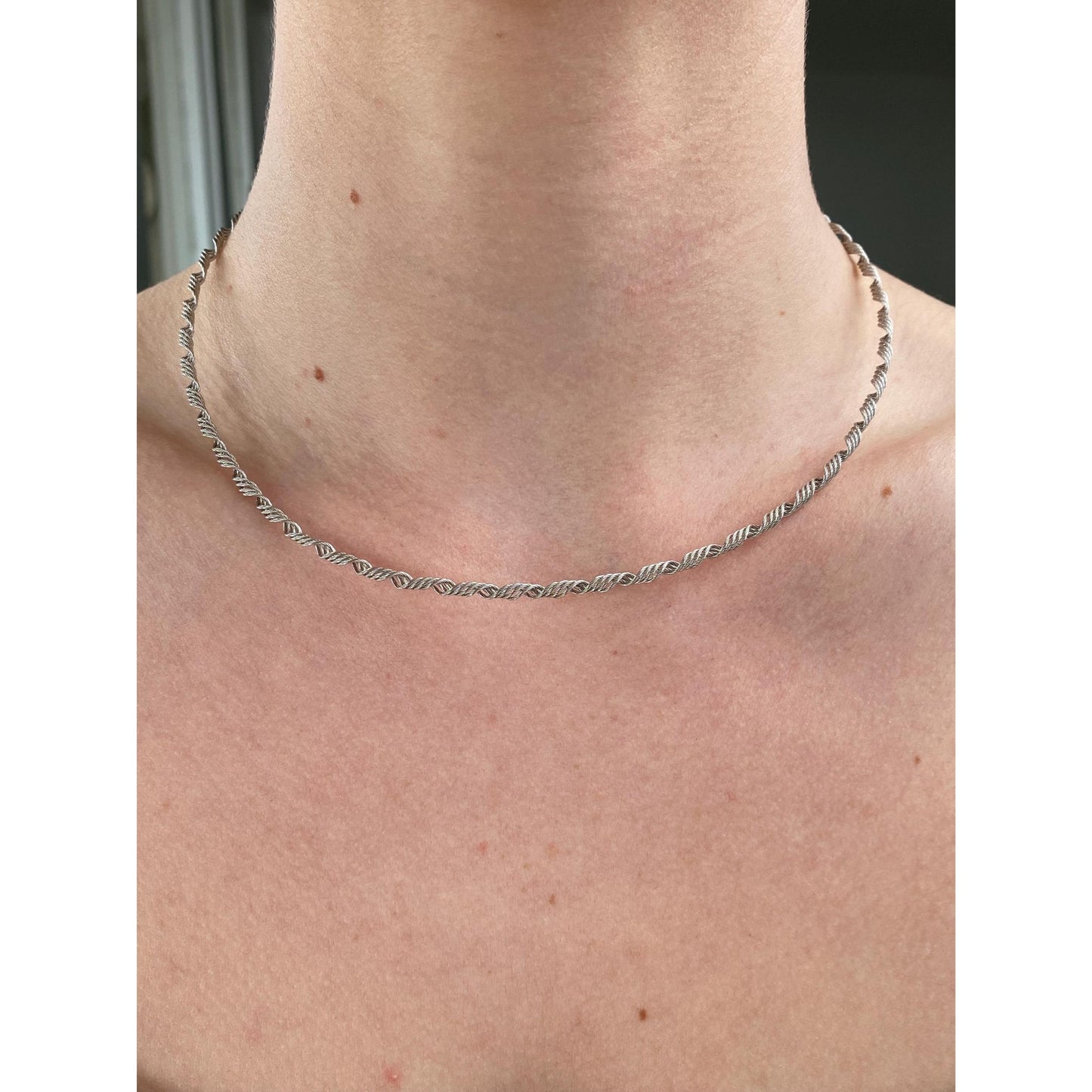 Solid 14k White Gold Springy Twisted Wire Necklace - 16.5 inches