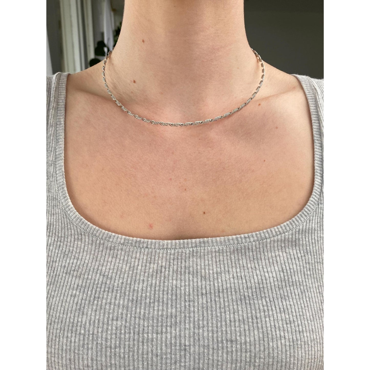 Solid 14k White Gold Springy Twisted Wire Necklace - 16.5 inches