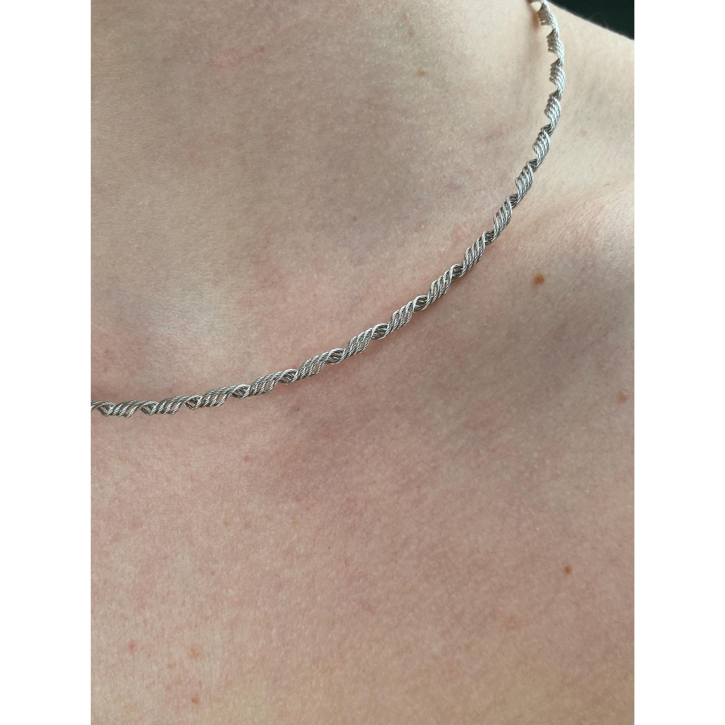 Solid 14k White Gold Springy Twisted Wire Necklace - 16.5 inches