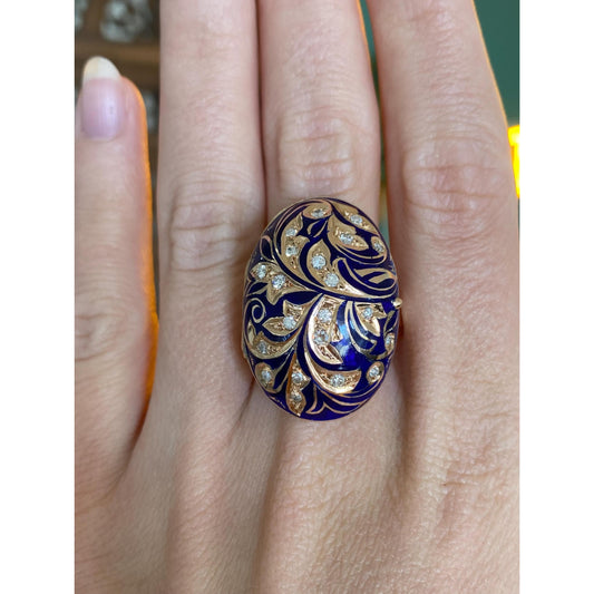 Vintage Solid 14k Yellow Gold Diamond Blue Enamel Floral Poison Ring - Size 6.75