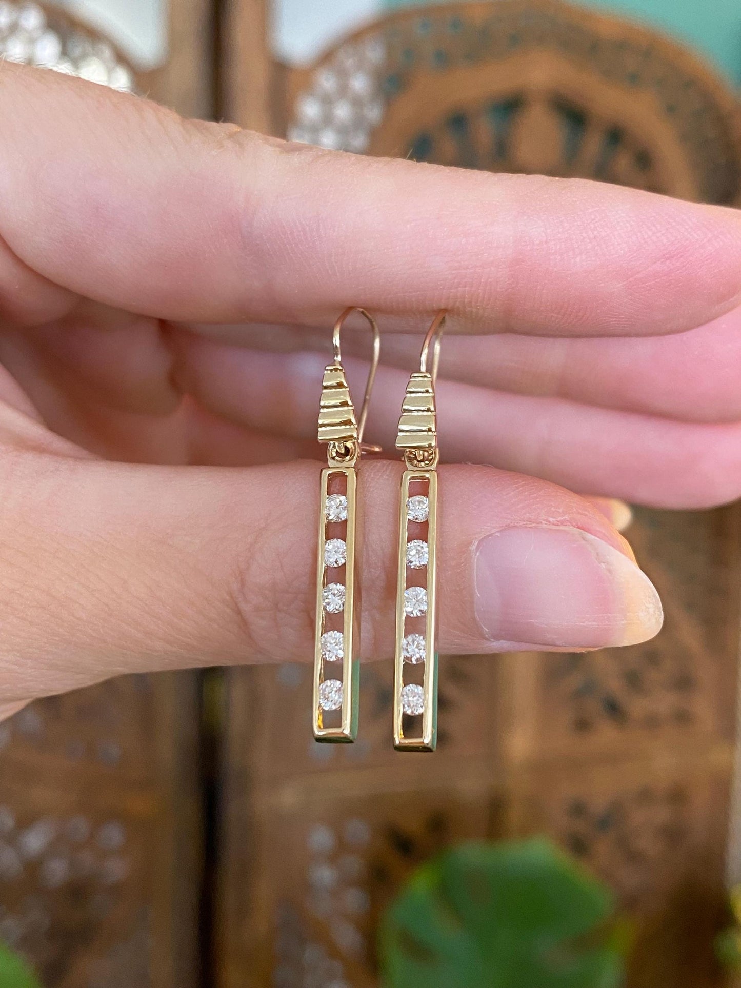 Vintage Solid 14k Yellow Gold Diamond Row Dangle Earrings