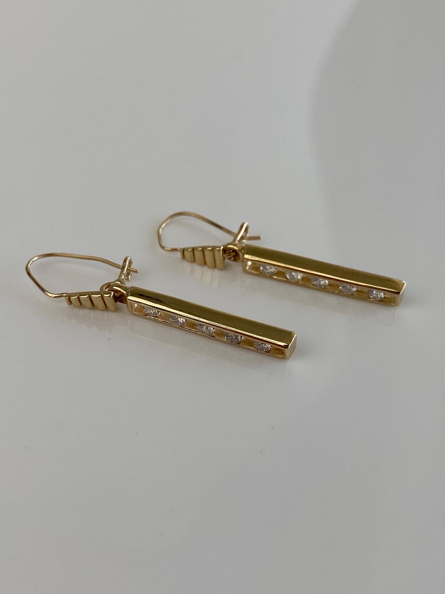 Vintage Solid 14k Yellow Gold Diamond Row Dangle Earrings