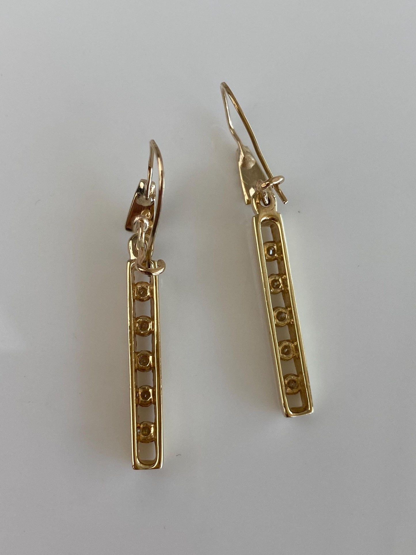 Vintage Solid 14k Yellow Gold Diamond Row Dangle Earrings