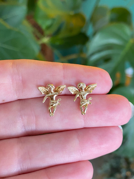 Vintage Solid 14k Yellow Gold Cherub Angel Stud Earrings