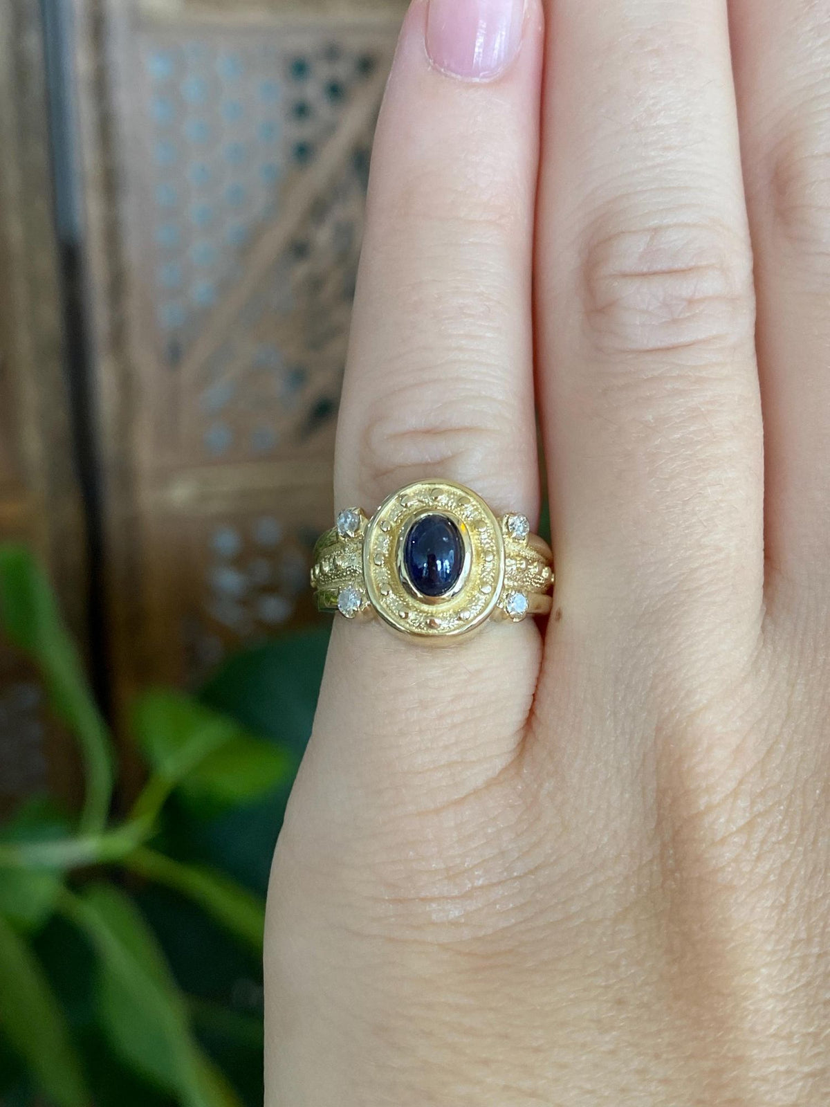 Vintage Solid 14k Yellow Gold Blue Sapphire Diamonds Designed Ring - Size 4.25