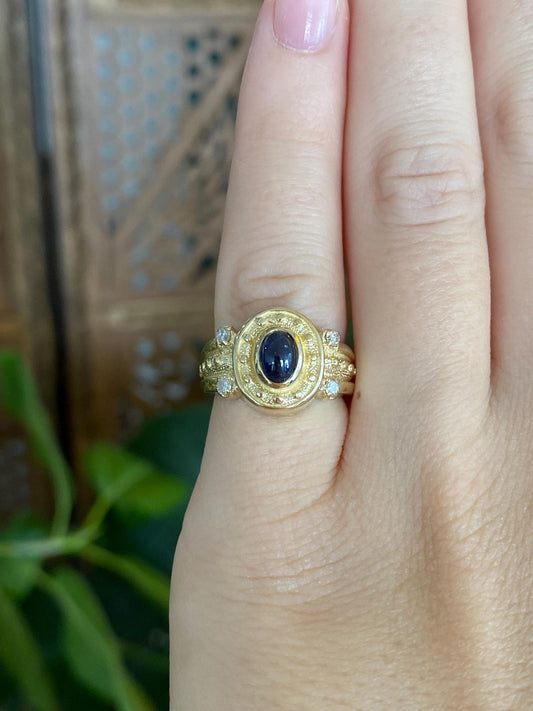 Vintage Solid 14k Yellow Gold Blue Sapphire Diamonds Designed Ring - Size 4.25