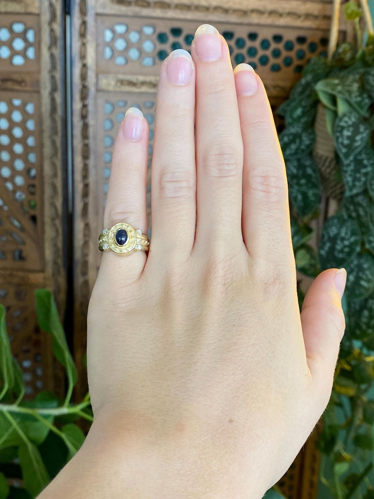 Vintage Solid 14k Yellow Gold Blue Sapphire Diamonds Designed Ring - Size 4.25