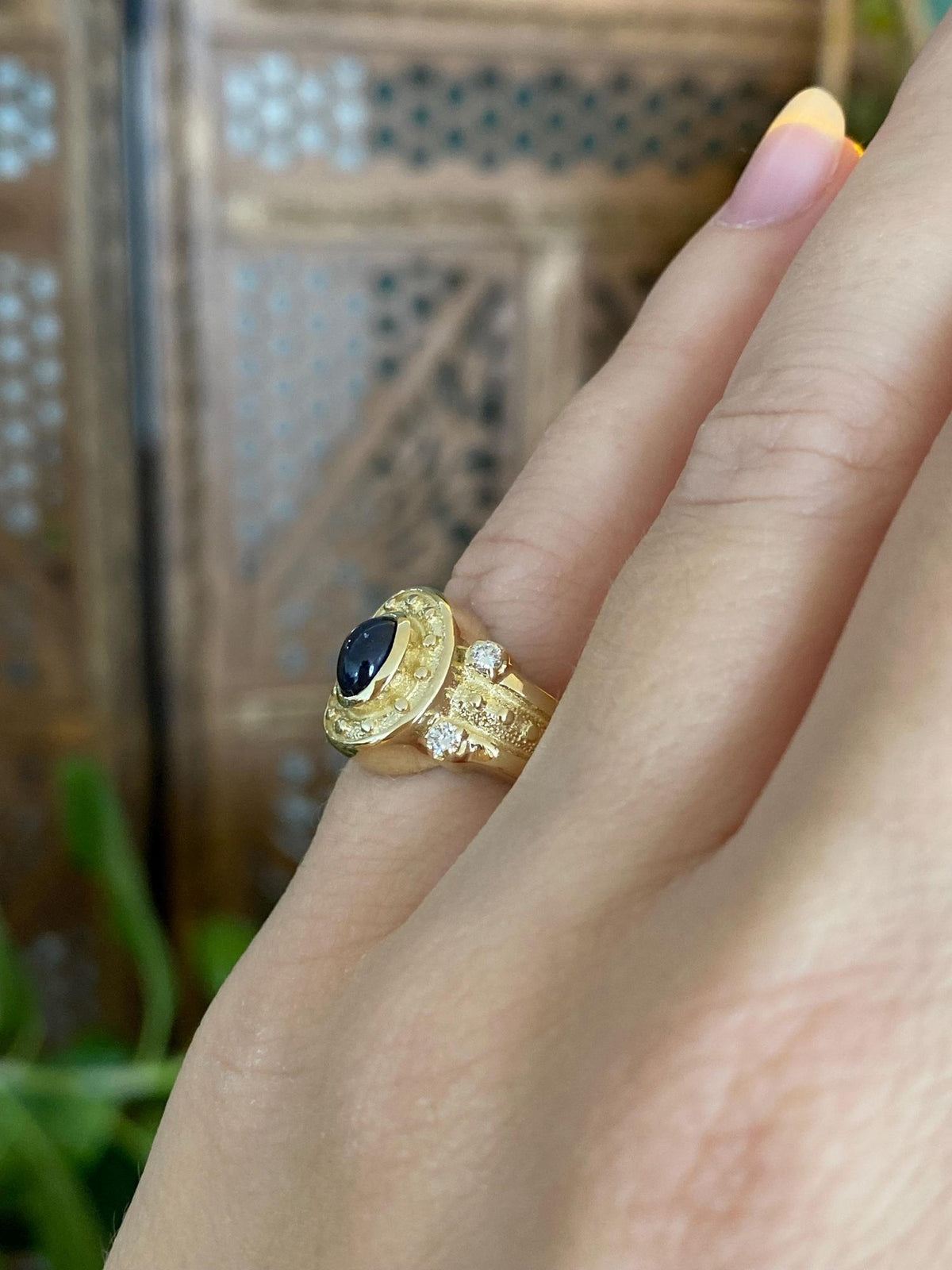 Vintage Solid 14k Yellow Gold Blue Sapphire Diamonds Designed Ring - Size 4.25