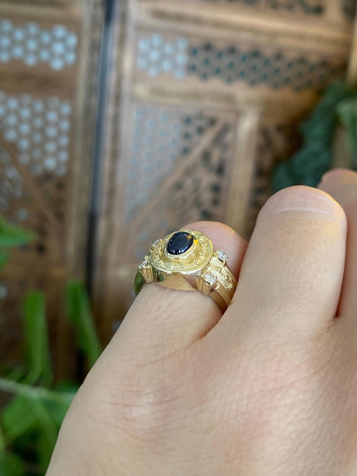 Vintage Solid 14k Yellow Gold Blue Sapphire Diamonds Designed Ring - Size 4.25
