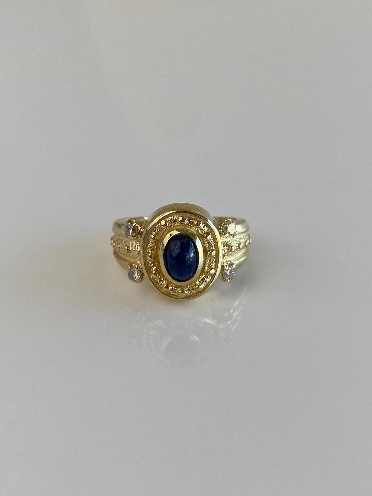 Vintage Solid 14k Yellow Gold Blue Sapphire Diamonds Designed Ring - Size 4.25